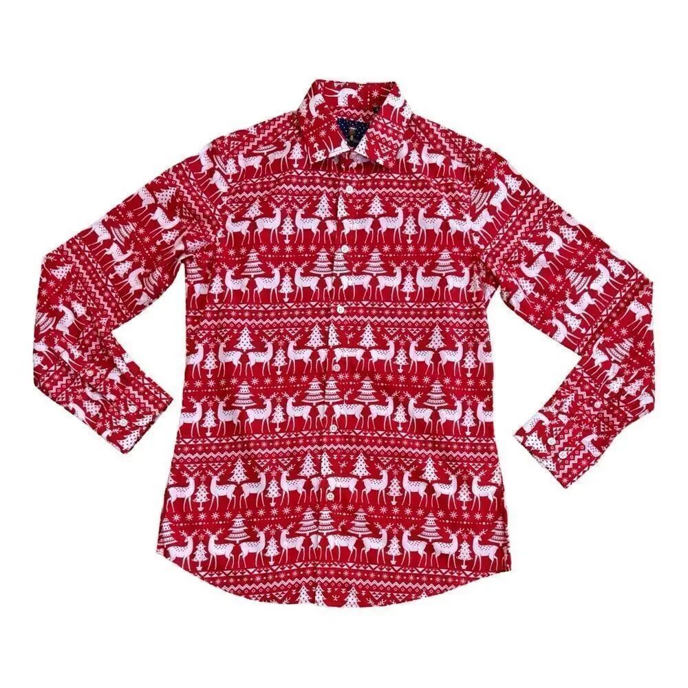 Simon Banks Christmas Holiday Reindeer Button Up Mens Long Sleeve Shirt SM NWOT